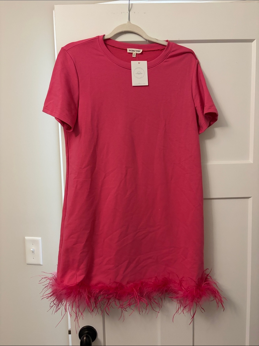 Main Strip Hot Pink Feather Hem T-Shirt Dress